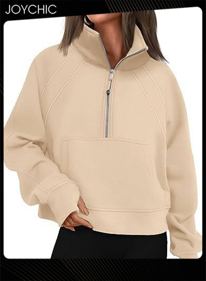 Joychic بلوزة نسائية دافئة طويلة الأكمام نصف سحاب مقصوصة خفيفة بنمط سادة للخارج ضد الرياح لفصل الخريف والشتاء - Image 1