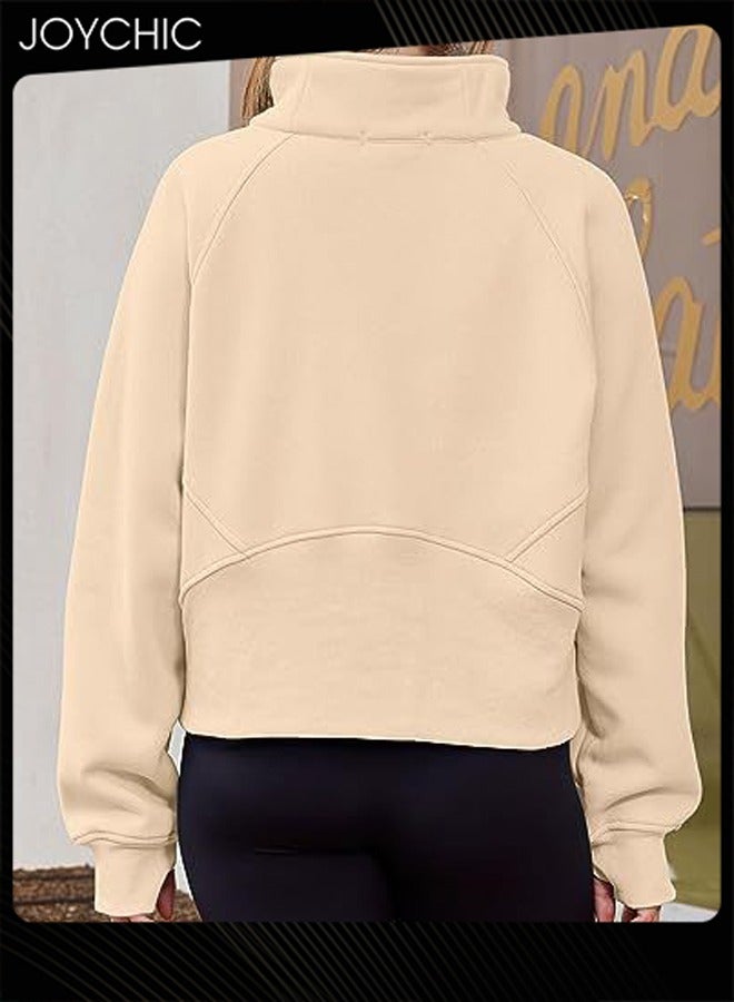 Joychic بلوزة نسائية دافئة طويلة الأكمام نصف سحاب مقصوصة خفيفة بنمط سادة للخارج ضد الرياح لفصل الخريف والشتاء - Image 2