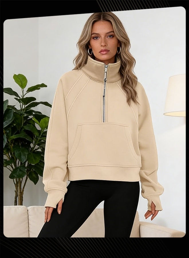 Joychic بلوزة نسائية دافئة طويلة الأكمام نصف سحاب مقصوصة خفيفة بنمط سادة للخارج ضد الرياح لفصل الخريف والشتاء - Image 1