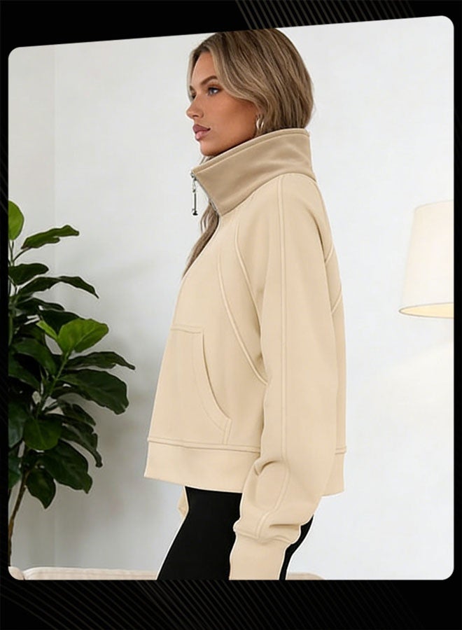 Joychic بلوزة نسائية دافئة طويلة الأكمام نصف سحاب مقصوصة خفيفة بنمط سادة للخارج ضد الرياح لفصل الخريف والشتاء - Image 2