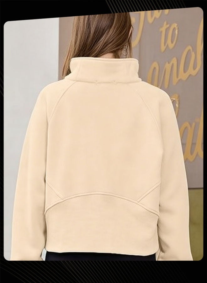 Joychic بلوزة نسائية دافئة طويلة الأكمام نصف سحاب مقصوصة خفيفة بنمط سادة للخارج ضد الرياح لفصل الخريف والشتاء - Image 3