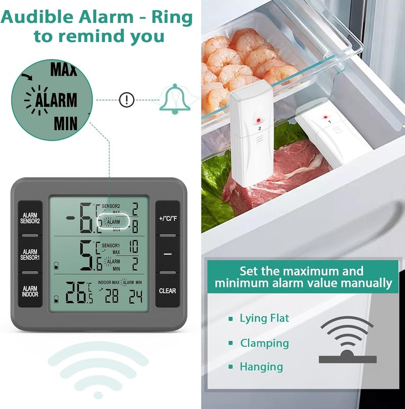 ORIA Refrigerator Thermometer, (New Version) Wireless Digital Freezer Thermometer, Fridge Thermometer, Wireless Indoor Outdoor Thermometer for Freezer, Refrigerator, Cooler, Grey, 2 Sensors - Image 3