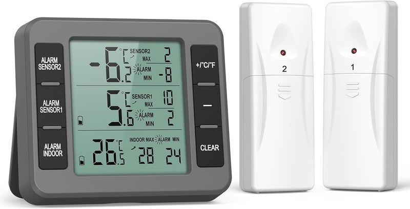ORIA Refrigerator Thermometer, (New Version) Wireless Digital Freezer Thermometer, Fridge Thermometer, Wireless Indoor Outdoor Thermometer for Freezer, Refrigerator, Cooler, Grey, 2 Sensors - Image 1