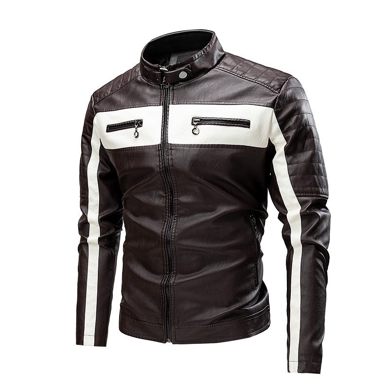 2025 Men'S Pu Leather Motorcycle Jacket Stand Collar Color Block Thin Jacket Casual Ly Approved - Image 1
