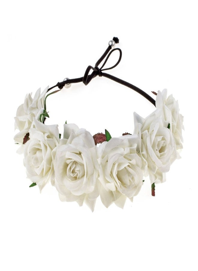 Floral Fall Rose Red Rose Flower Crown Woodland Hair Wreath Festival Headband F-67 (Ivory) - Image 1