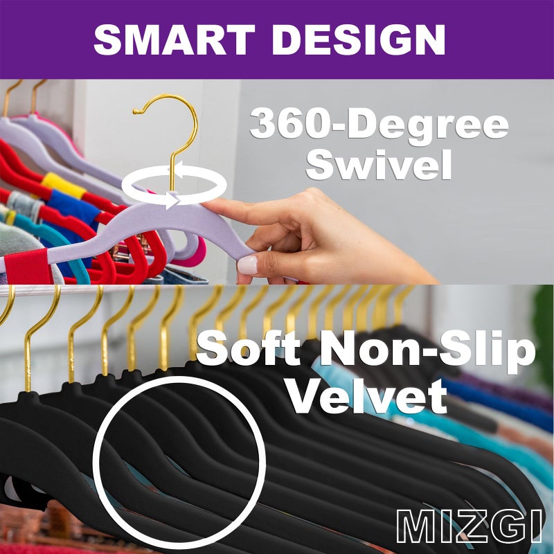 MIZGI Black Velvet Hangers 60 Pack,Premium Gold Clothes Hangers Non-Slip Felt Hangers,Sturdy Black Heavy Duty Coat Durable Suit Hanger for Space Saving, No Flocked Marks - Image 2