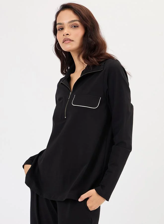 Femmella Black Zip-Neck Top with Contrast Piping