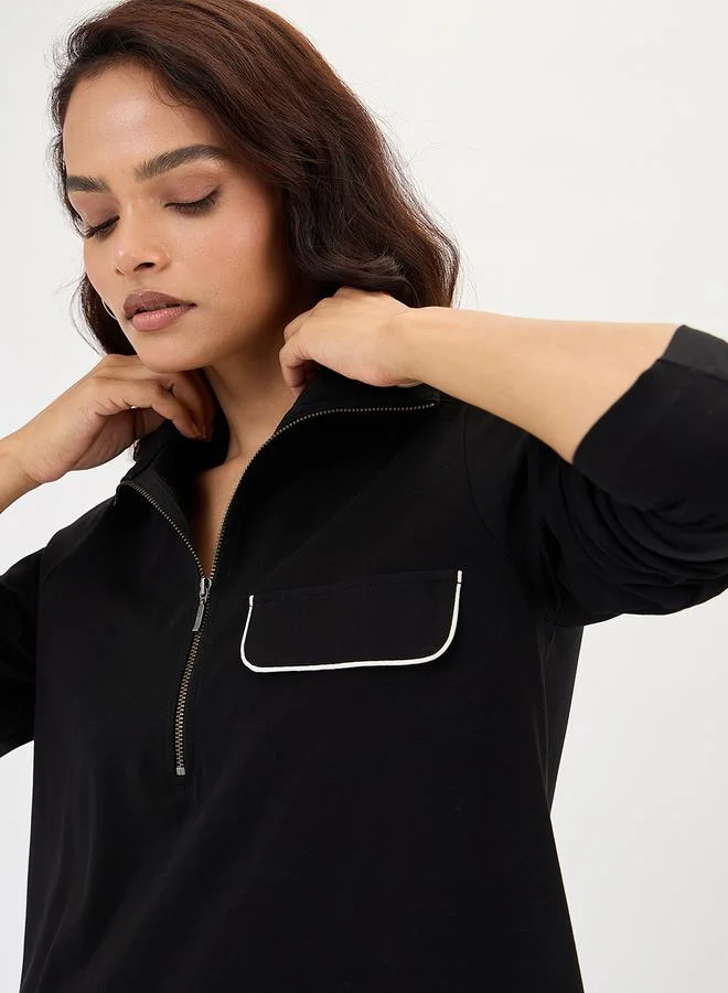 Femmella Black Zip-Neck Top with Contrast Piping