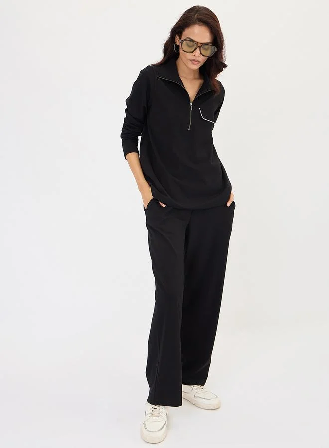 Femmella Black Zip-Neck Top with Contrast Piping