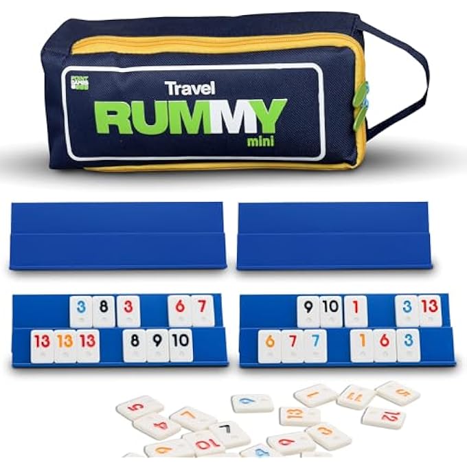 Point Games Mini Travel Rummy Game Set - Includes 106 Standard Tiles (1â€ x 0.75â€), Four 2-Tier Racks (7" x 2.3") & Durable Travel Bag - Image 1