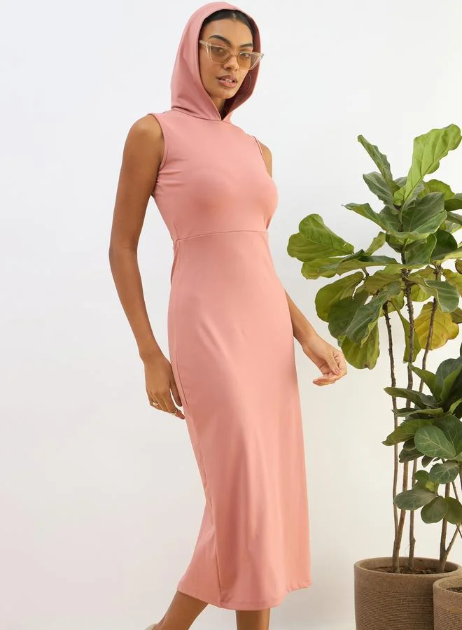 SASSAFRAS Sassafras Pink Hooded Knit Bodycon Midi Dress