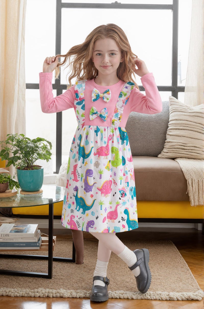 RETSUGO Baby Girl Dinosaurs Casual Splicing Ruffles Bowknot Dresses for Toddler Girls Long Sleeve Party Winter Outfits dinosaurs-1207-3T - Image 4