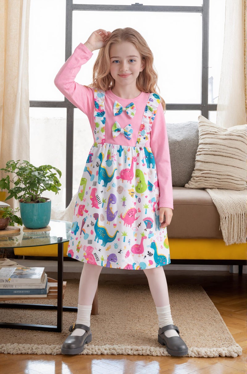 RETSUGO Baby Girl Dinosaurs Casual Splicing Ruffles Bowknot Dresses for Toddler Girls Long Sleeve Party Winter Outfits dinosaurs-1207-3T - Image 5