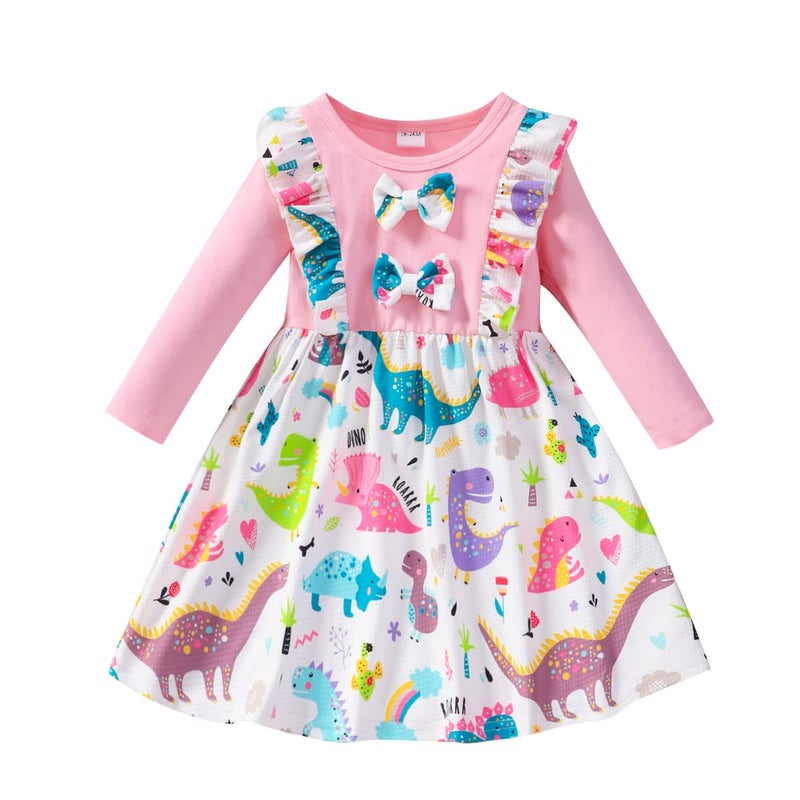 RETSUGO Baby Girl Dinosaurs Casual Splicing Ruffles Bowknot Dresses for Toddler Girls Long Sleeve Party Winter Outfits dinosaurs-1207-3T - Image 1