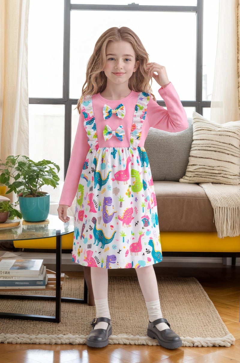 RETSUGO Baby Girl Dinosaurs Casual Splicing Ruffles Bowknot Dresses for Toddler Girls Long Sleeve Party Winter Outfits dinosaurs-1207-3T - Image 2
