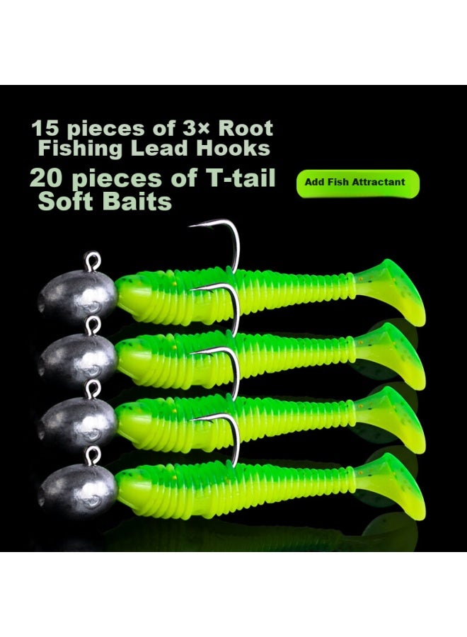 King Lure King Soft Bait Root Fishing Worm T-tail Micro Lead Head Hook Set For River Channel, Bridge Hole, And Sea Fishing Black Head Yellow Croaker - Image 1