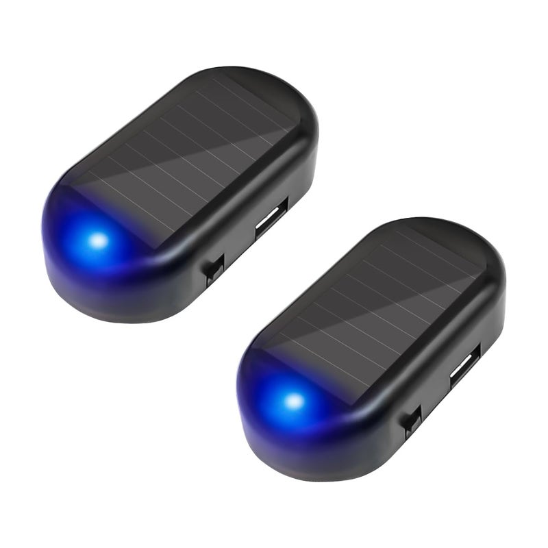 2PCS Car Solar Power Simulated Dummy Alarm AntiTheft LED Flashing Security Light Fake Lamp Auto Warning Interior Safety Lights with USB Charger Port Car Accessories for Most Cars Blue2PCS