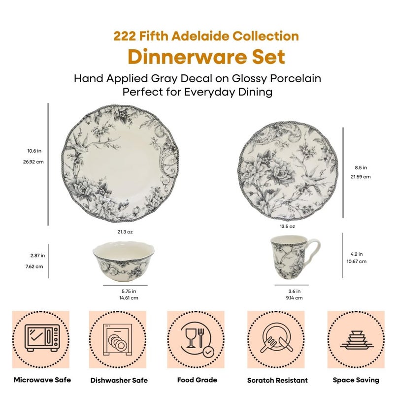 222 Fifth Adelaide 16-Piece Casual Grey Porcelain Dinnerware Set â€“ Service for 4, Classic Toile Bird & Floral Design, Microwave & Dishwasher Safe, for Everyday Dining & Entertainment - Image 2