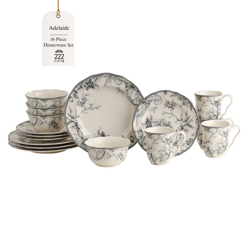 222 Fifth Adelaide 16-Piece Casual Grey Porcelain Dinnerware Set â€“ Service for 4, Classic Toile Bird & Floral Design, Microwave & Dishwasher Safe, for Everyday Dining & Entertainment - Image 1