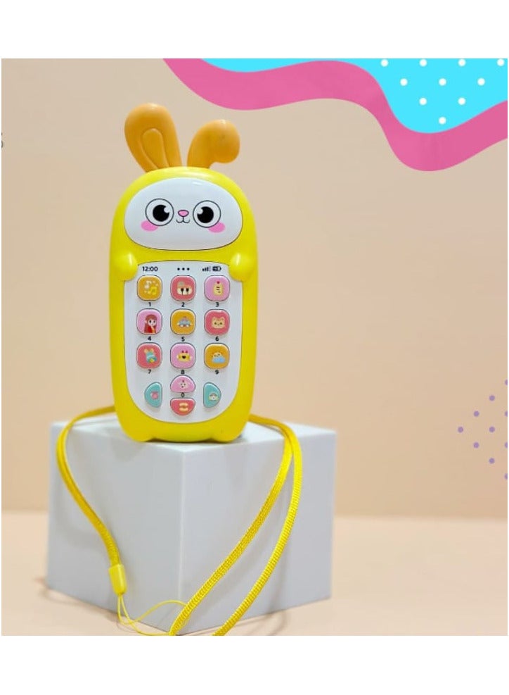 "Rabbit Mobile for Kids in Yellow: The bunny ears are made of silicone, serving as a teething toy for babies. It emits fun sounds with playful eye designs, made from soft, baby-safe plastic. A delightful and safe experience for your little one!"