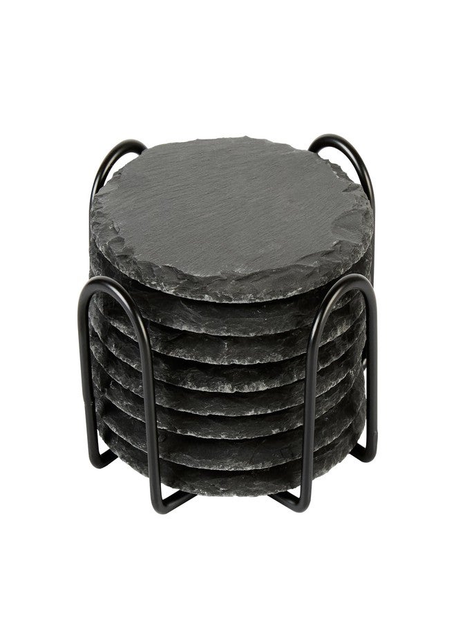 Restaurantware Round Slate Coasters Set - 4 Inch Stone Drink Coasters with Holder - Scratch-Free Non-Slip Coasters for Bars and Restaurants - Black - Image 2