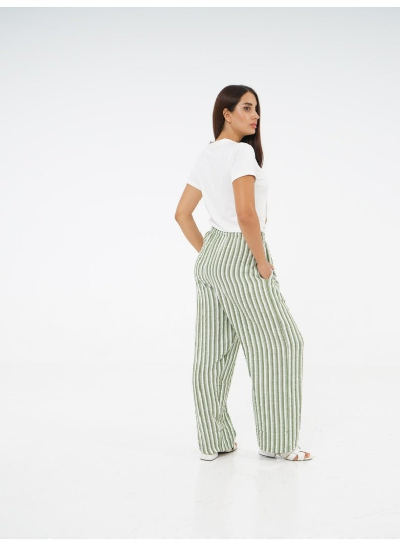 Wasan White Cotton with Green Stripes Pants PJ Set - Image 3