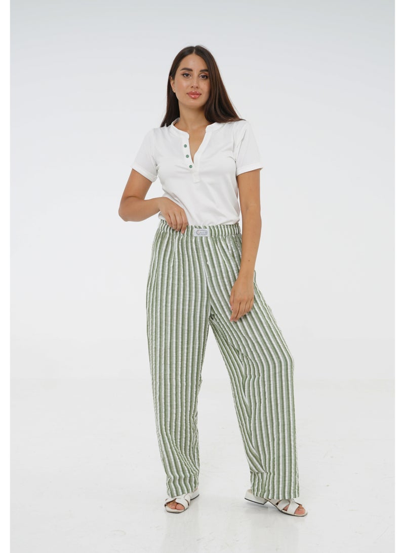 Wasan White Cotton with Green Stripes Pants PJ Set - Image 1