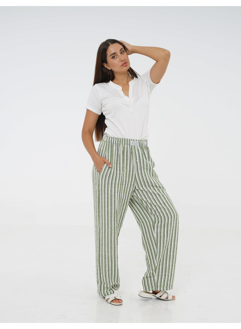 Wasan White Cotton with Green Stripes Pants PJ Set - Image 2