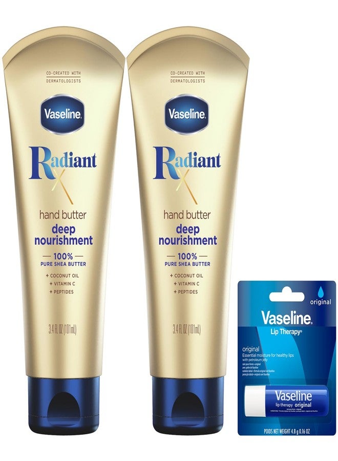 Vaseline Lotion, Radiant X Deep Nourishment Hand Butter 2-Pack for Dry Skin + Original Vaseline Lip Therapy Stick for Dry Lips with Petroleum Jelly (3 Piece Set) - Image 1