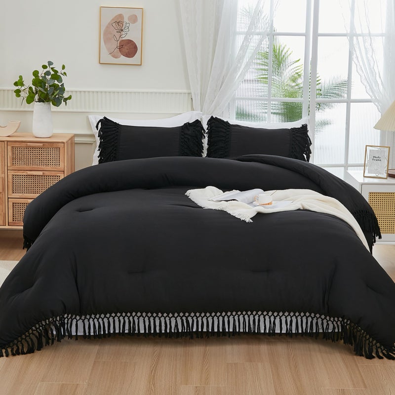 Andency ويندح الأسود الحجم الحجم مجموعة 3 قطع بوهو شرابة خفيفة الوزن الفراش الناعمة المعزي مجموعات كل مجموعة السرير Fringe Fringe (79 × 90 بوصة و 2 وسادات) - Image 5