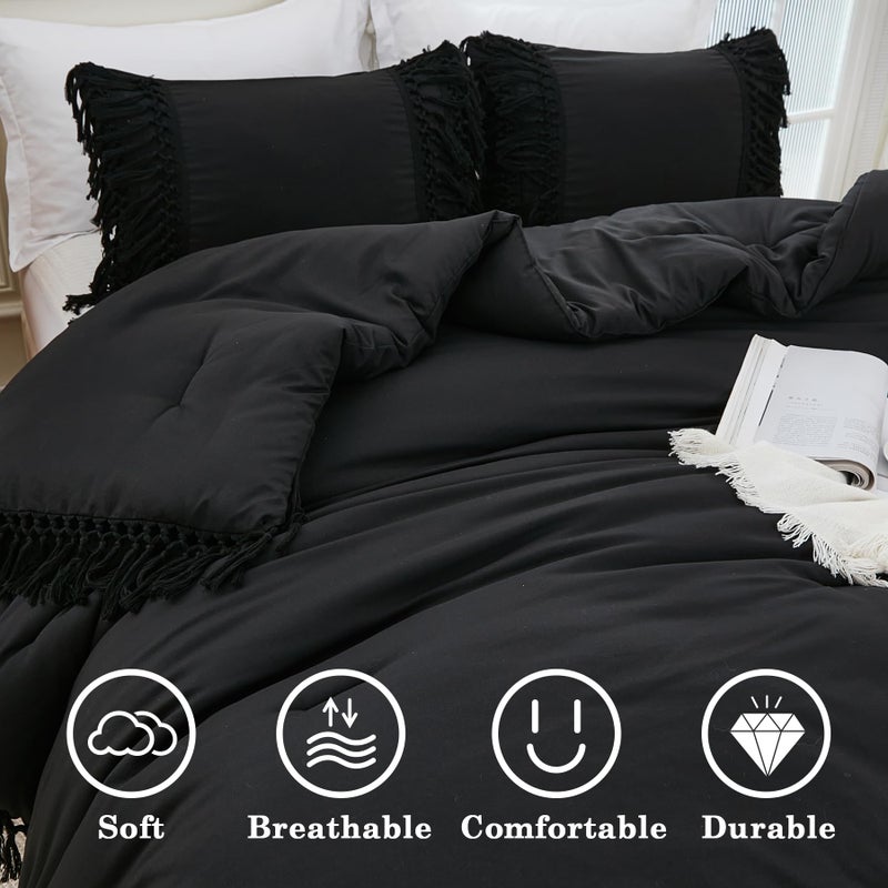 Andency ويندح الأسود الحجم الحجم مجموعة 3 قطع بوهو شرابة خفيفة الوزن الفراش الناعمة المعزي مجموعات كل مجموعة السرير Fringe Fringe (79 × 90 بوصة و 2 وسادات) - Image 2