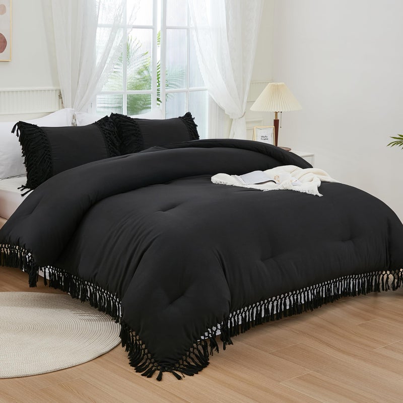 Andency ويندح الأسود الحجم الحجم مجموعة 3 قطع بوهو شرابة خفيفة الوزن الفراش الناعمة المعزي مجموعات كل مجموعة السرير Fringe Fringe (79 × 90 بوصة و 2 وسادات) - Image 4