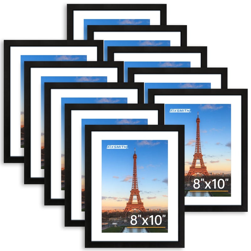 FIXSMITH 8x10 Picture Frame Set of 10, Photo Frame Bulk with HD Plexiglass, Display Pictures 5x7 with Mat or 8x10 Without Mat Multi Picture Frames Collage for Tabletop or Wall Display, Black - Image 1