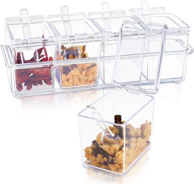 HOME KITCHEN SEASONING BOX ACRYLIC KITCHEN STORAGE CONTAINERS CRYSTAL SPICE RACK PLASTIC 4 CONDIMENT JARS WITH COVER AND SPOONS COOKING TOOLS 1SET