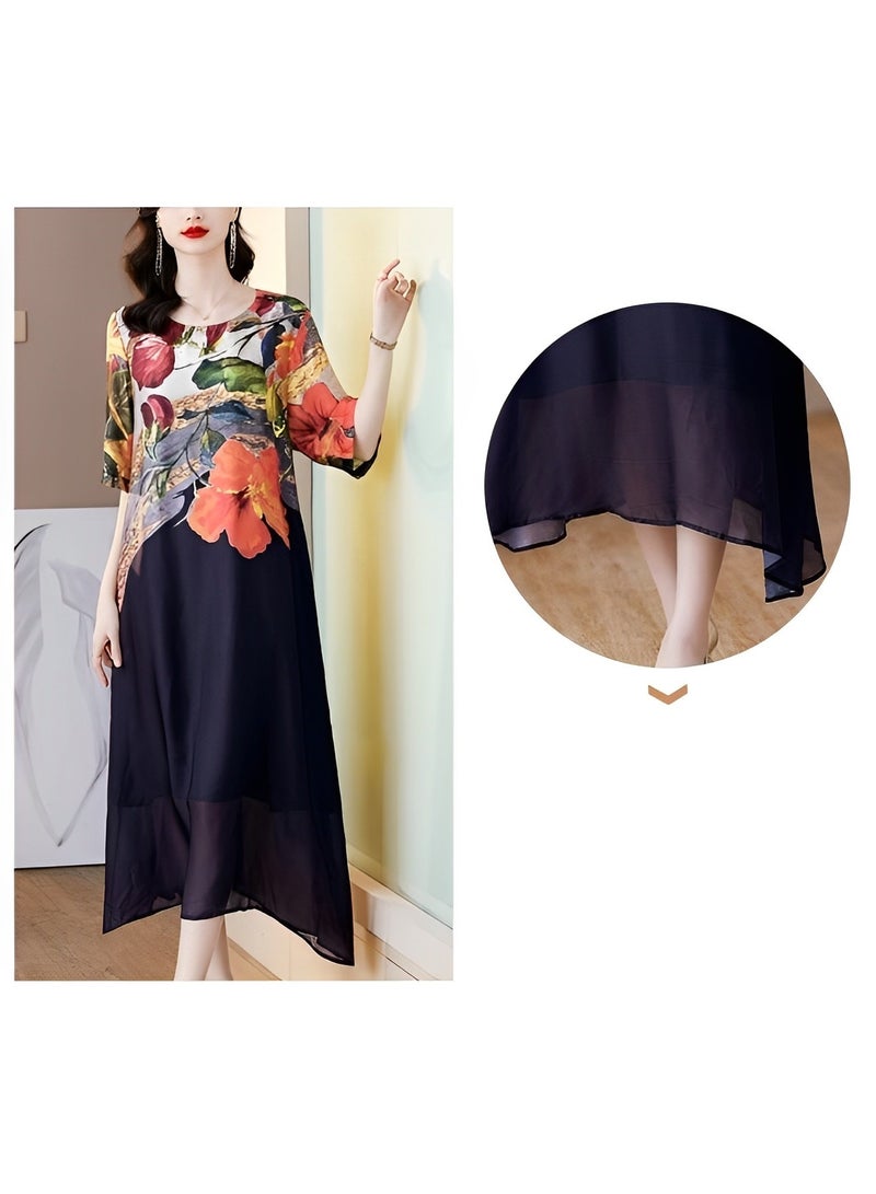 REOCLE Women's Maxi Dress Short Sleeve Round Neck Casual Flowy Dress Boho Floral Print Tank Long Maxi Dress - Image 5