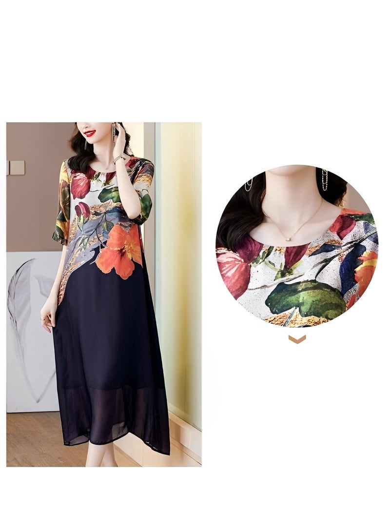 REOCLE Women's Maxi Dress Short Sleeve Round Neck Casual Flowy Dress Boho Floral Print Tank Long Maxi Dress - Image 2