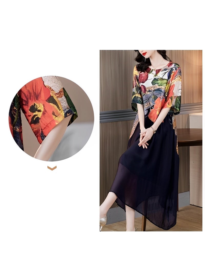 REOCLE Women's Maxi Dress Short Sleeve Round Neck Casual Flowy Dress Boho Floral Print Tank Long Maxi Dress - Image 4