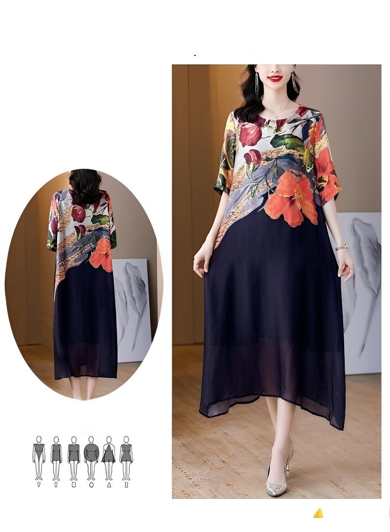 REOCLE Women's Maxi Dress Short Sleeve Round Neck Casual Flowy Dress Boho Floral Print Tank Long Maxi Dress - Image 3