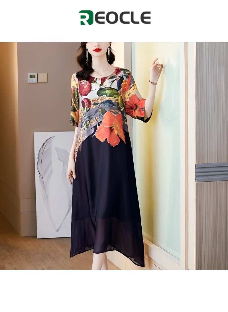 REOCLE Women's Maxi Dress Short Sleeve Round Neck Casual Flowy Dress Boho Floral Print Tank Long Maxi Dress - Image 1