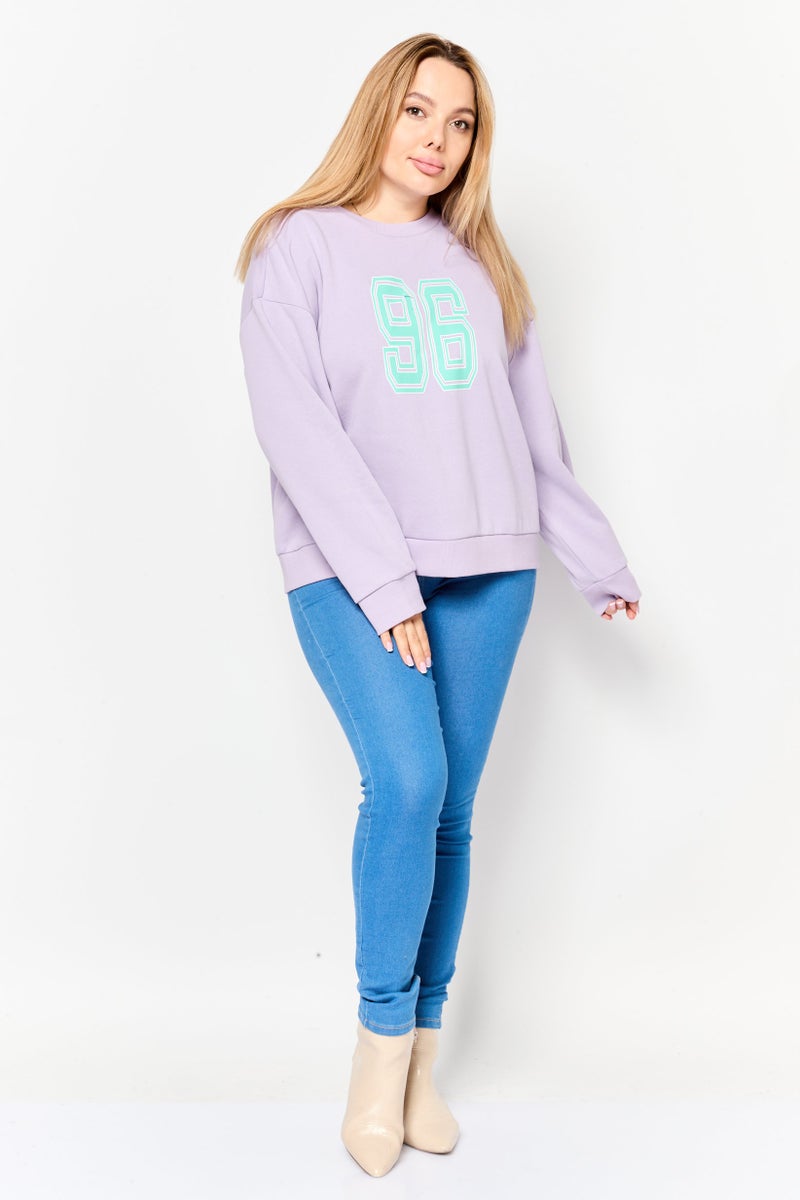 MODE سويت شيرت نسائي بأكمام طويلة وطباعة جرافيك، لافندر - Image 2