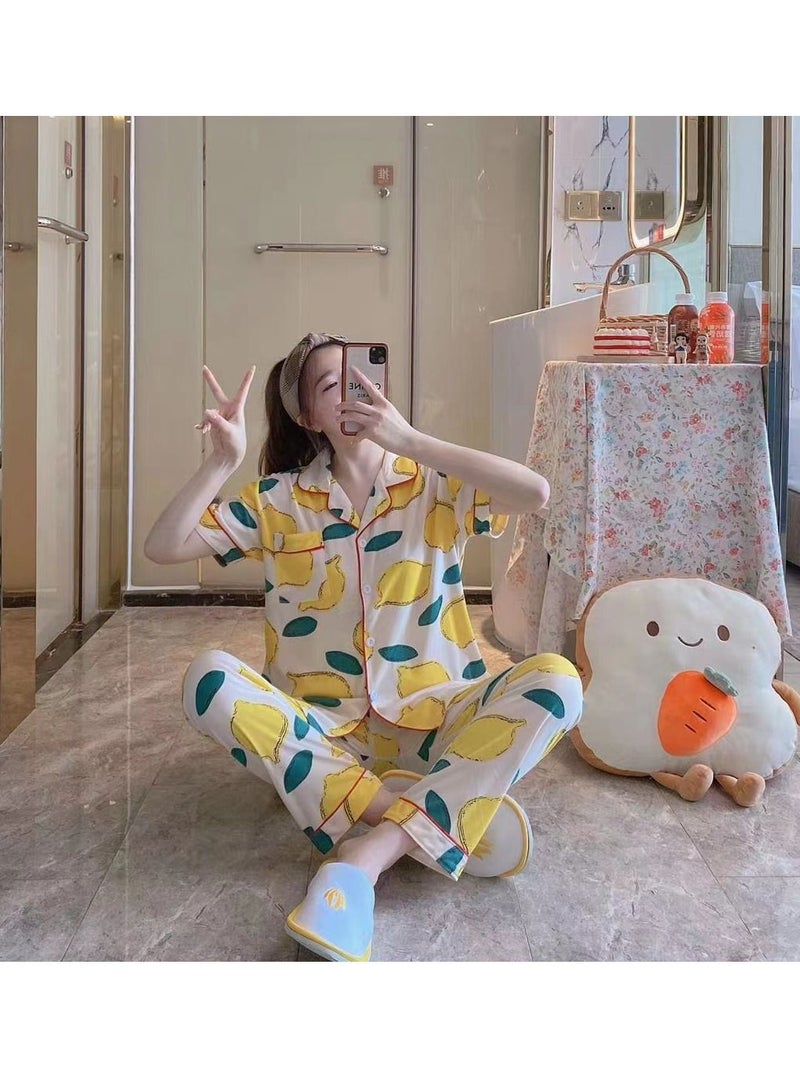 DubaiGallery New Summer Short-sleeved Shorts And Trousers Three-piece Cute Cartoon Women's Pajama Suit Thin Girl's Cardigan Home Clothes