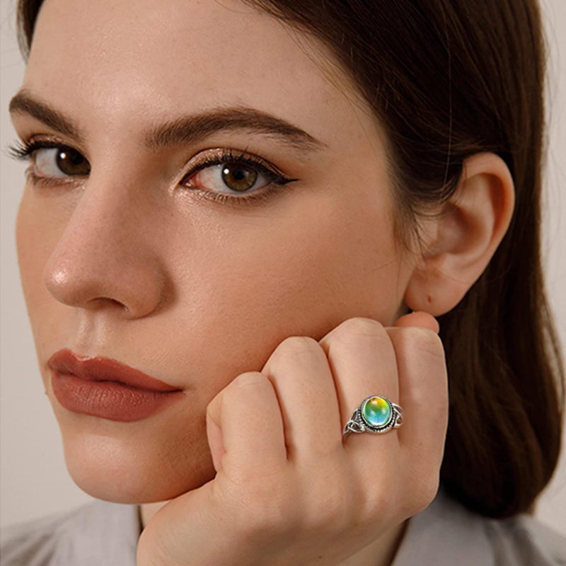 ADRAMATA 925 Sterling Silver Mood Ring for Women Vintage Celtic Knot Rings Jewelry White 18K Gold Plated Handmade Oval Solitaire Ring Temperature Control Color Change Mood Rings Size 10 - Image 2