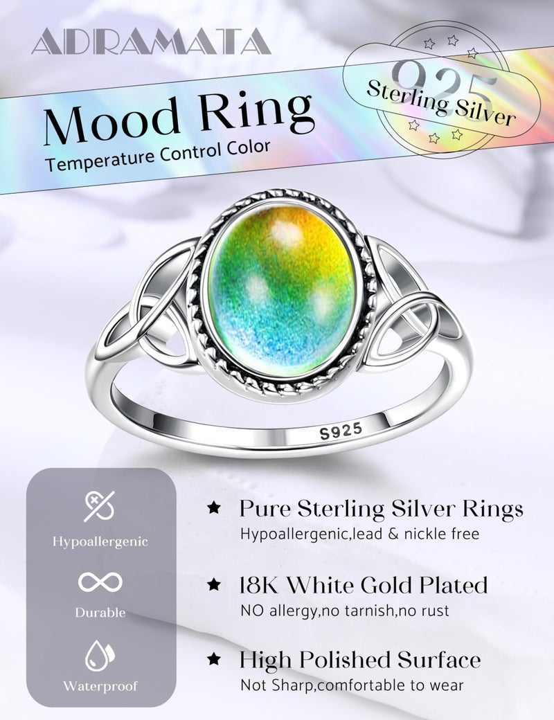 ADRAMATA 925 Sterling Silver Mood Ring for Women Vintage Celtic Knot Rings Jewelry White 18K Gold Plated Handmade Oval Solitaire Ring Temperature Control Color Change Mood Rings Size 10 - Image 5