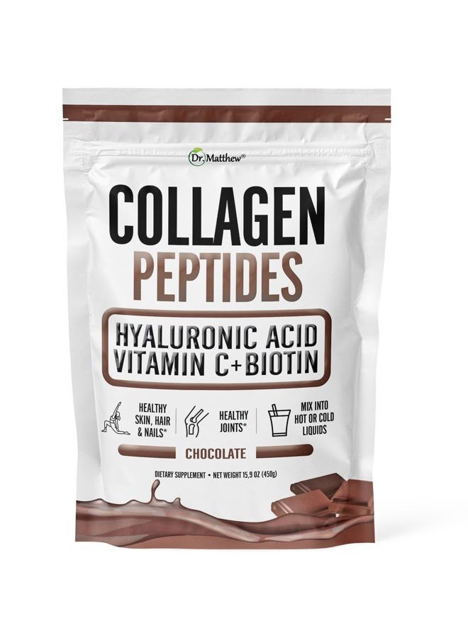 Dr. Matthew Chocolate Collagen Peptides Powder with Hyaluronic acid, Vitamin C & Biotin for Hair Growth, Skin, Nails, Joints & Weight Loss. Great in Coffee & Shakes. Keto Flavored Collagen Protein. Grass Fed - Image 1