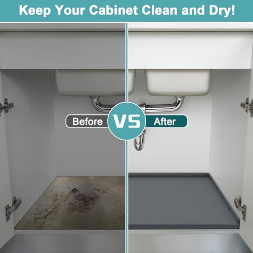 MECHEER Under Sink Mat 28" x 22", Silicone Under Kitchen Sink Mat, Waterproof Under Sink Protector Mat, Shelf Liners Cabinet Liner for Kitchen and Bathroom, Gray - Image 5