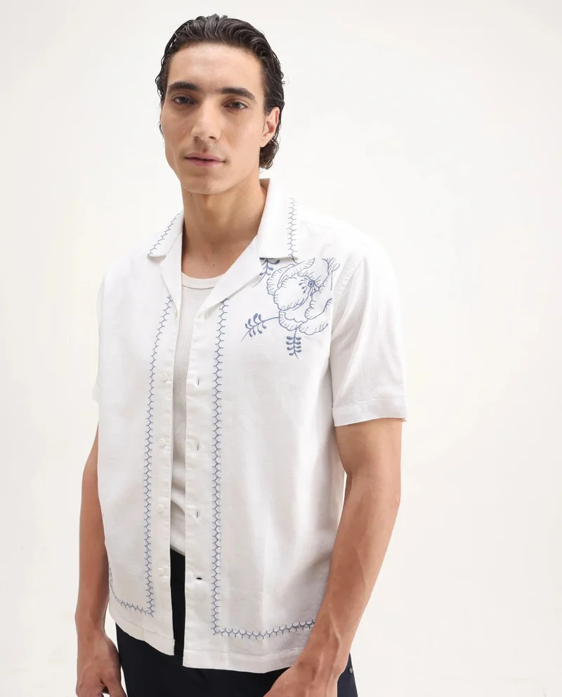 Rare Rabbit Men's Embroidered Cuban Collar Shirt