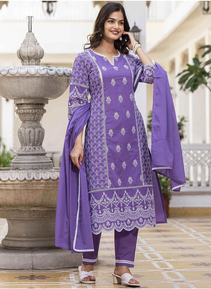 ISHIN Women's Lilac 100% Cotton Embellished Tunic Full Length Casual Straight Fit Kurta Set  - Image 5