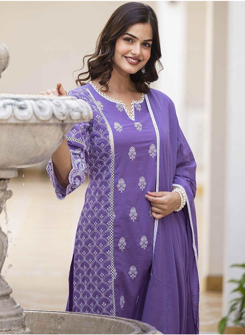 ISHIN Women's Lilac 100% Cotton Embellished Tunic Full Length Casual Straight Fit Kurta Set  - Image 1