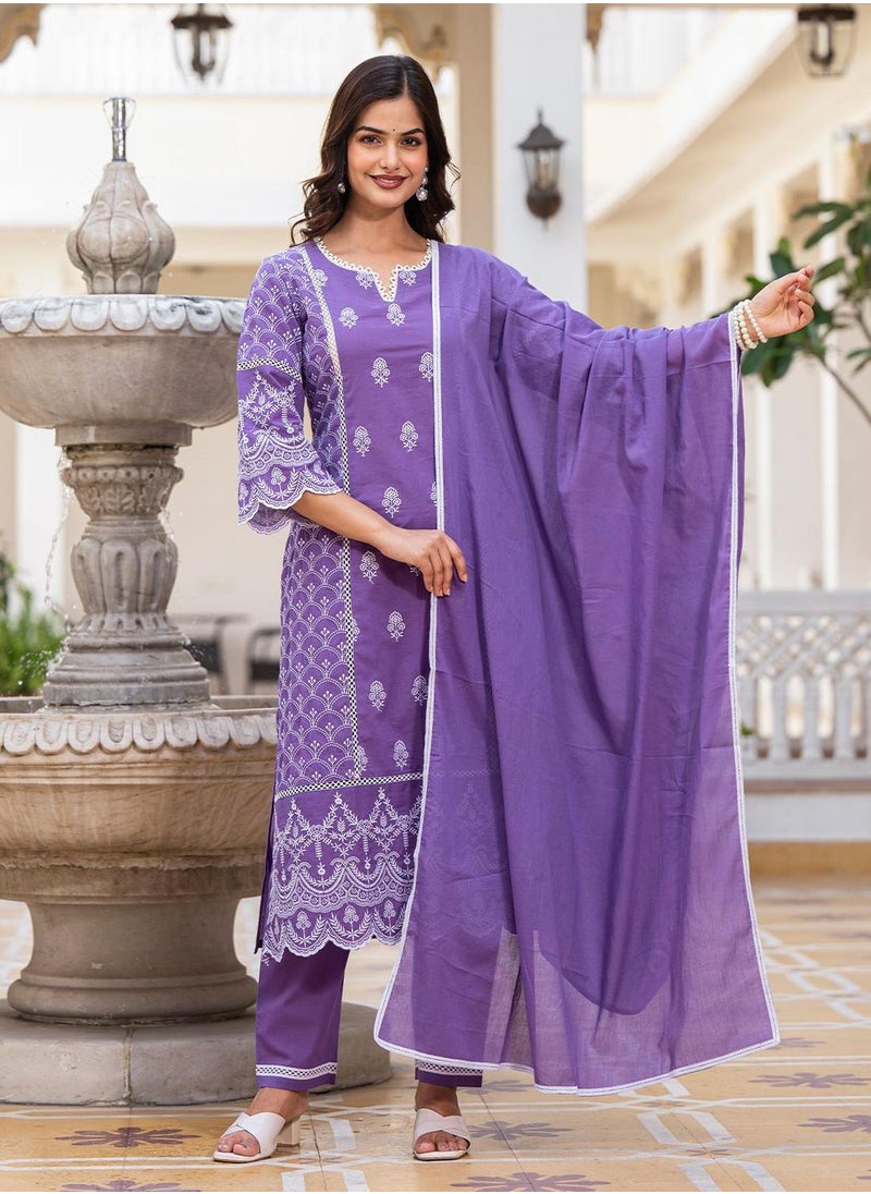 ISHIN Women's Lilac 100% Cotton Embellished Tunic Full Length Casual Straight Fit Kurta Set  - Image 3
