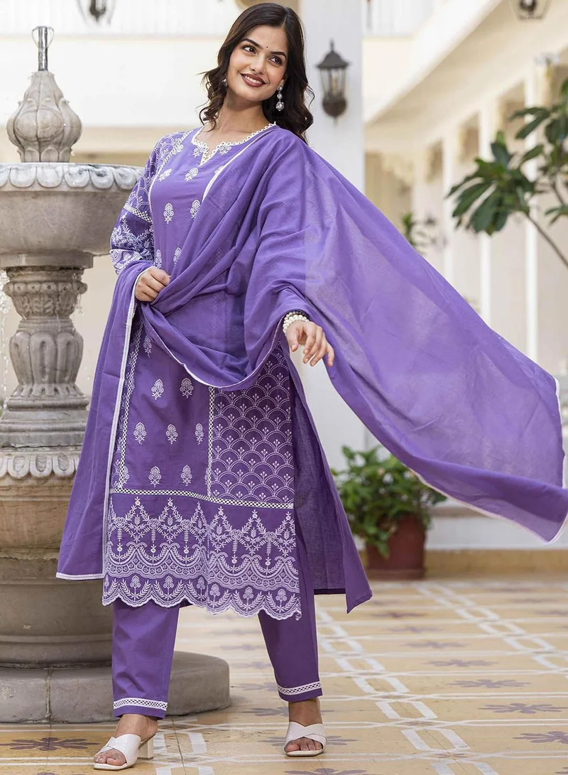 ISHIN Women's Lilac 100% Cotton Embellished Tunic Full Length Casual Straight Fit Kurta Set
